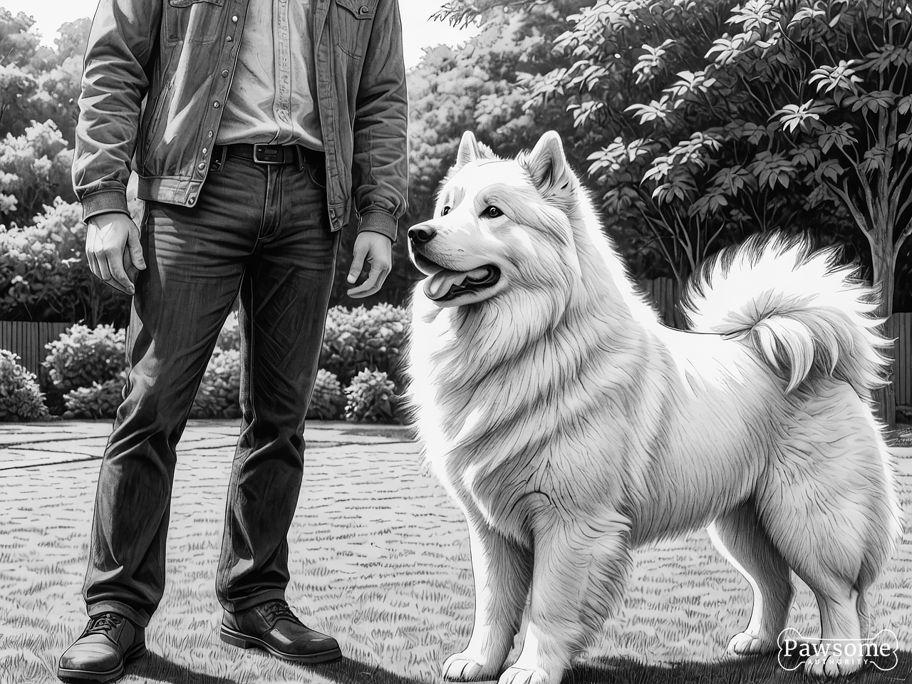 A grayscale illustration of a Samoyed beside its owner during an obedience training session in a yard on a sunny day.