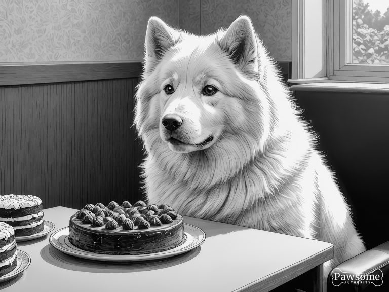 A grayscale illustration of a Samoyed demonstrating focus and impulse control in the presence of delectable sweets.