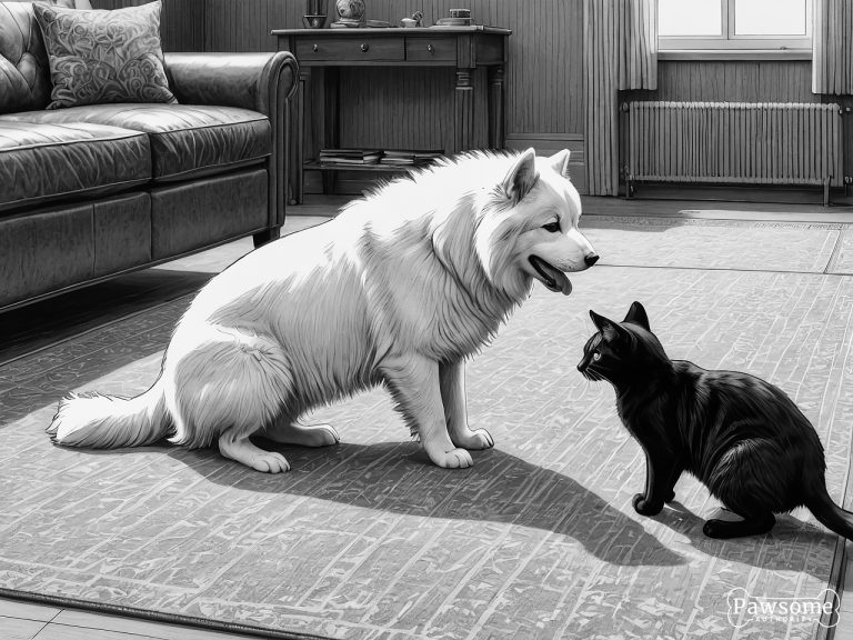 A grayscale illustration of a Samoyed socializing with a cat on a rug in a living room.