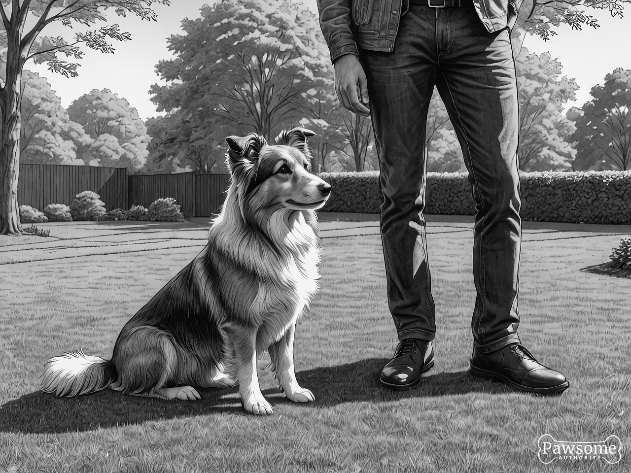 A grayscale illustration of a Shetland Sheepdog beside its owner during an obedience training session in a yard on a sunny day.