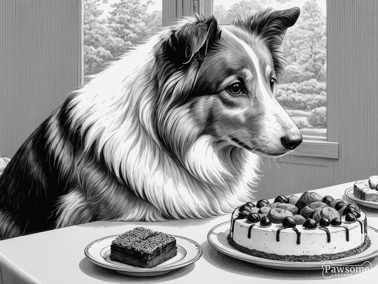 A grayscale illustration of a Shetland Sheepdog demonstrating focus and impulse control in the presence of delectable sweets.