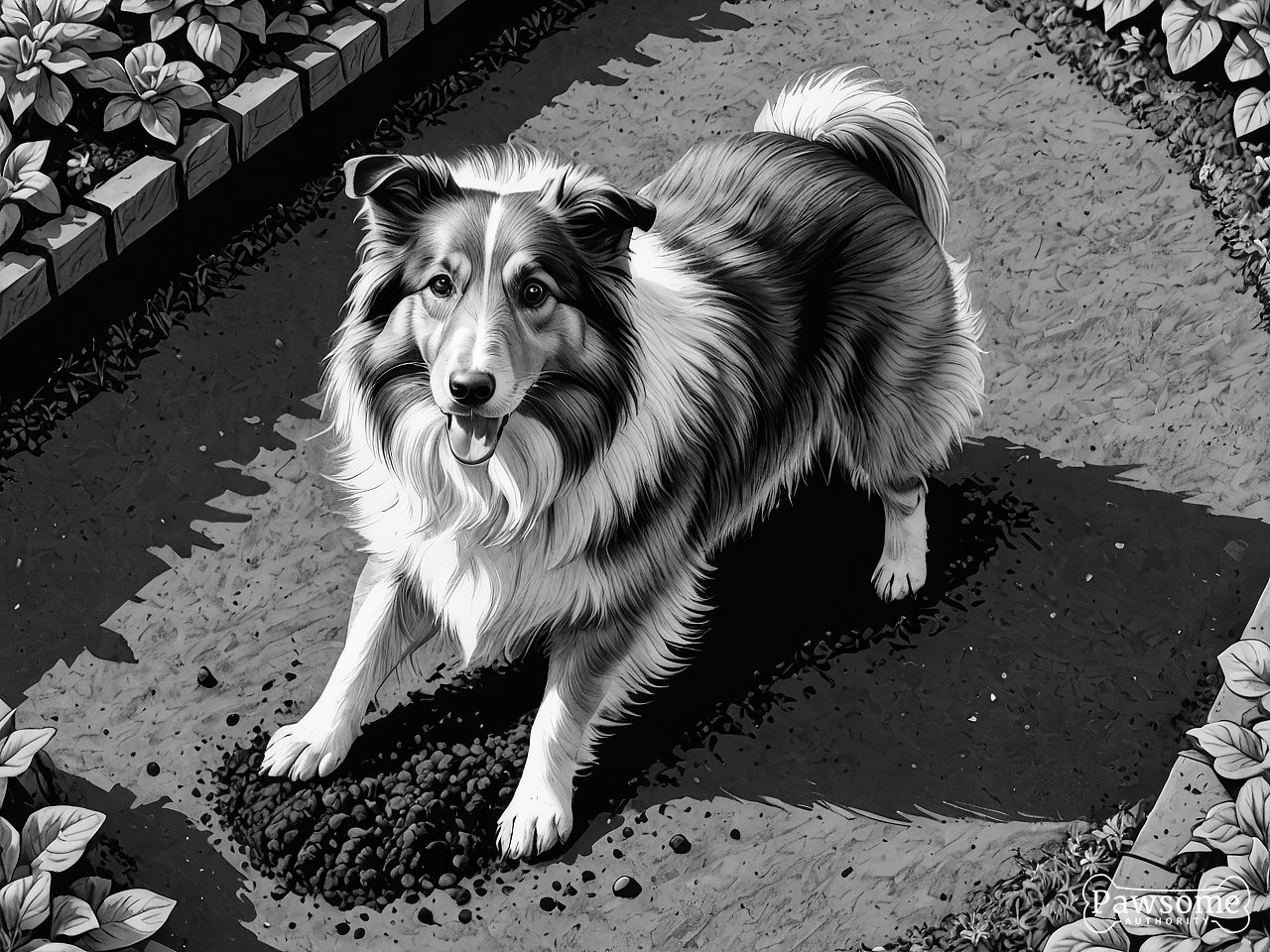 A grayscale illustration of a Shetland Sheepdog digging a hole in a garden on a bright and sunny day.
