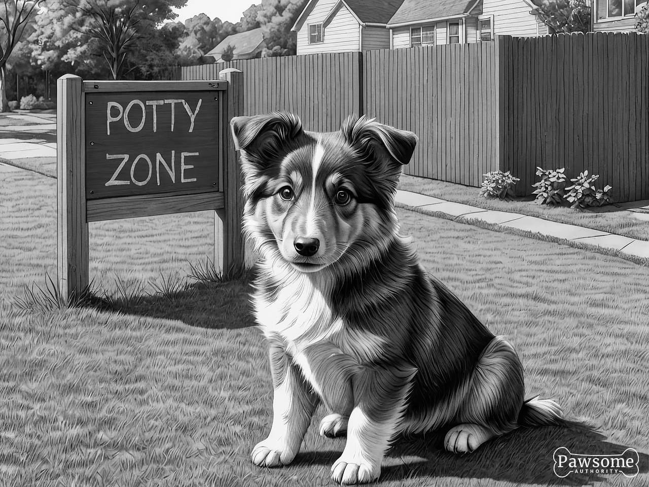 A grayscale illustration of a Shetland Sheepdog puppy sitting in a designated potty area in a yard with a sign that reads “Potty Zone”.