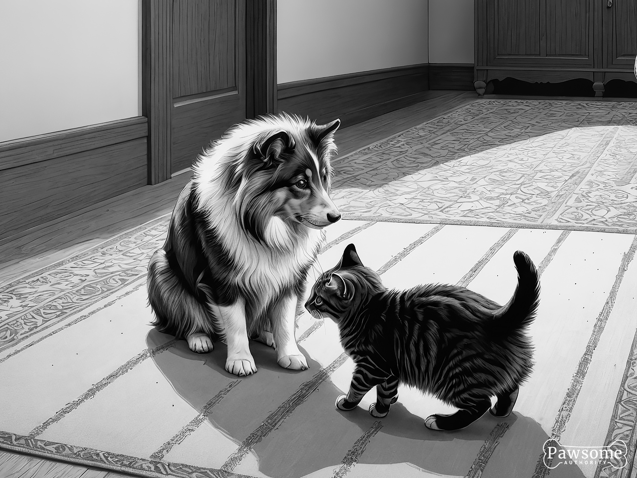 A grayscale illustration of a Shetland Sheepdog socializing with a cat on a rug in a living room.