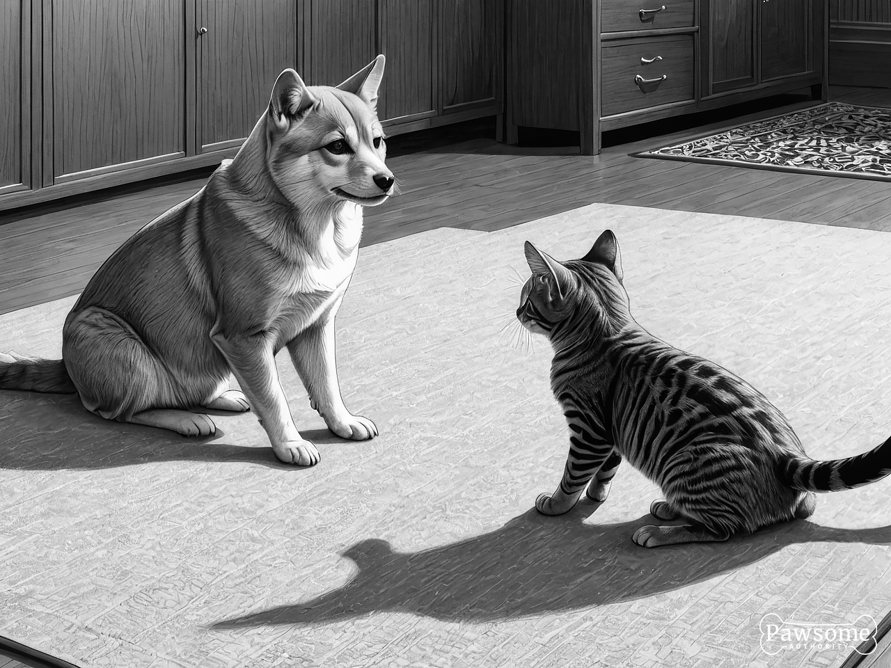 A grayscale illustration of a Shiba Inu socializing with a cat on a rug in a living room.