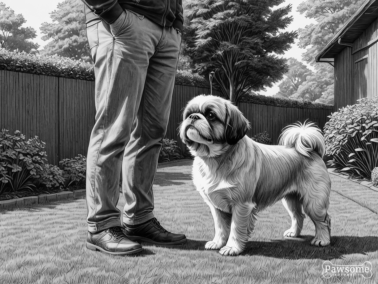 A grayscale illustration of a Shih Tzu beside its owner during an obedience training session in a yard on a sunny day.