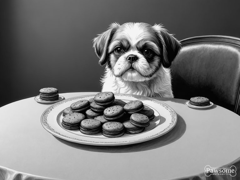 A grayscale illustration of a Shih Tzu demonstrating focus and impulse control in the presence of delectable sweets.