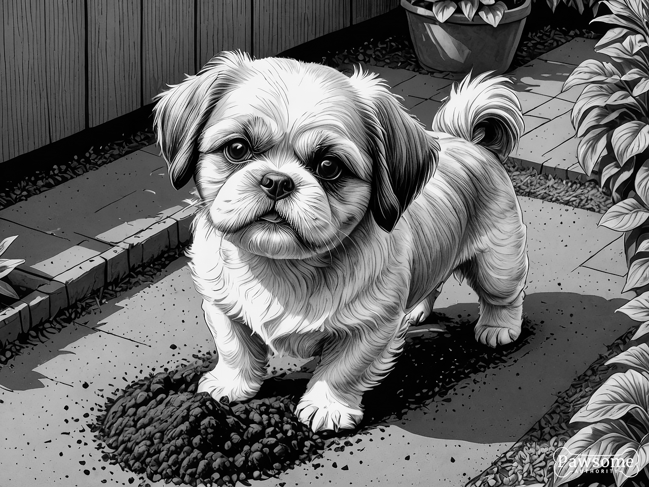 A grayscale illustration of a Shih Tzu digging a hole in a garden on a bright and sunny day.