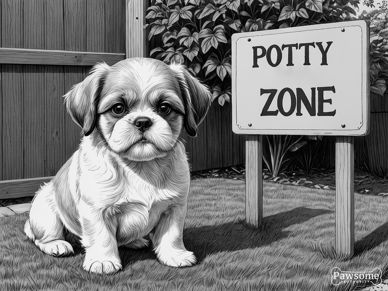 A grayscale illustration of a Shih Tzu puppy sitting in a designated potty area in a yard with a sign that reads “Potty Zone”.