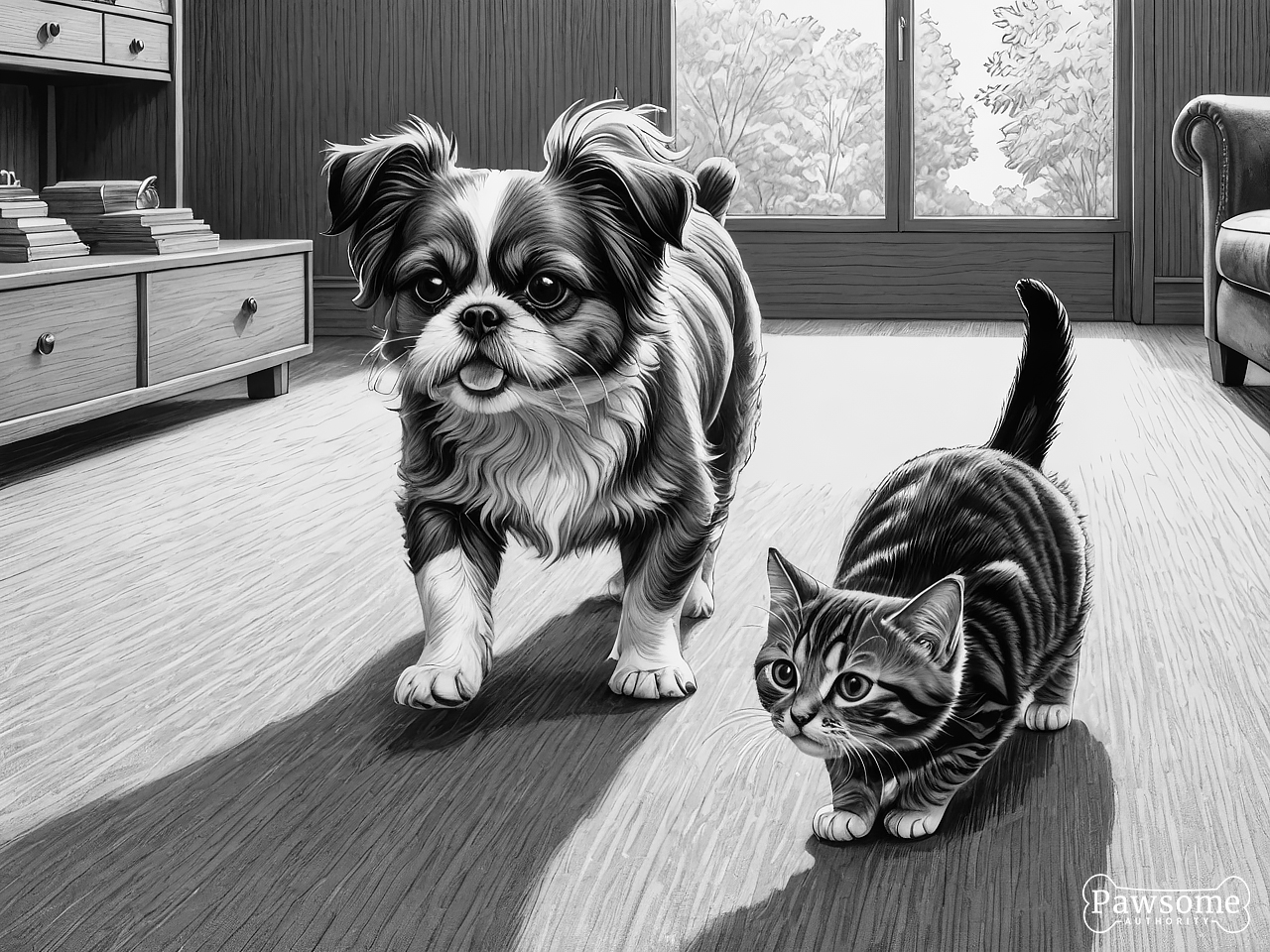 A grayscale illustration of a Shih Tzu socializing with a cat on a rug in a living room.