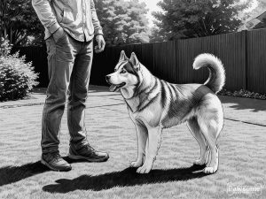 A grayscale illustration of a Siberian Husky beside its owner during an obedience training session in a yard on a sunny day.