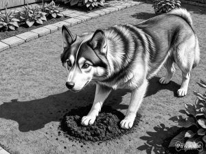 A grayscale illustration of a Siberian Husky digging a hole in a garden on a bright and sunny day.