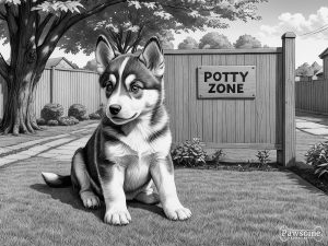 A grayscale illustration of a Siberian Husky puppy sitting in a designated potty area in a yard with a sign that reads “Potty Zone”.