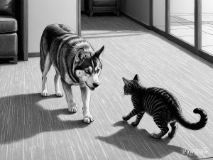 A grayscale illustration of a Siberian Husky socializing with a cat on a rug in a living room.