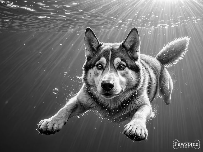 A grayscale illustration of a Siberian Husky swimming underwater on a bright and sunny day with light rays piercing through.