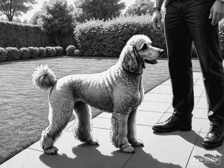A grayscale illustration of a Standard Poodle beside its owner during an obedience training session in a yard on a sunny day.