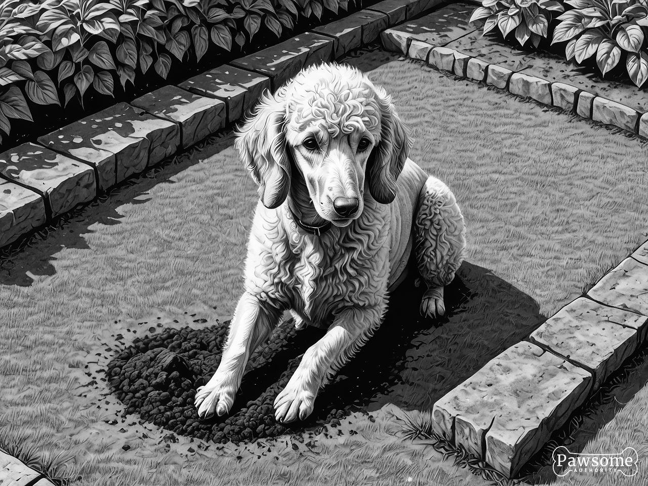 A grayscale illustration of a Standard Poodle digging a hole in a garden on a bright and sunny day.