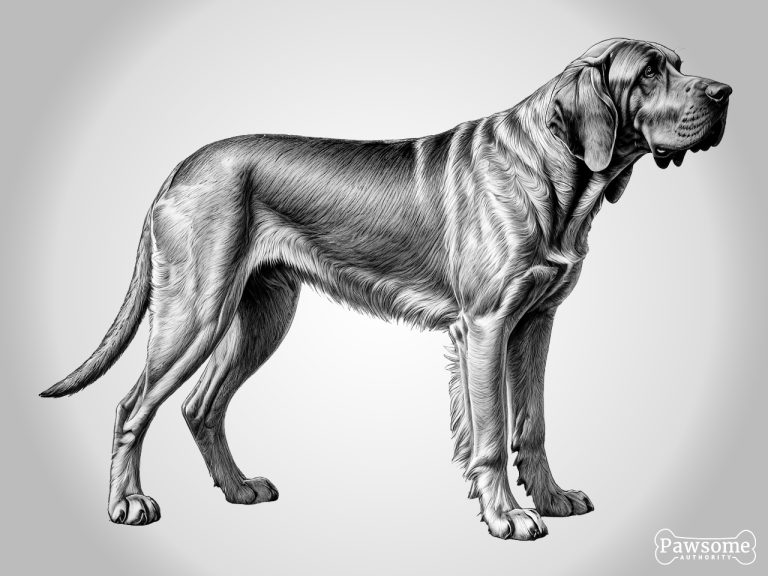 A grayscale standing side profile of a Bloodhound.