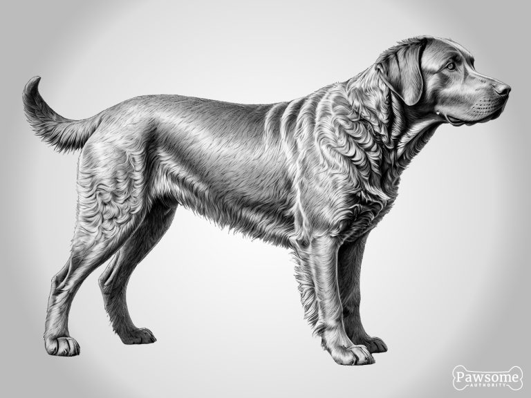 A grayscale standing side profile of a Chesapeake Bay Retriever.
