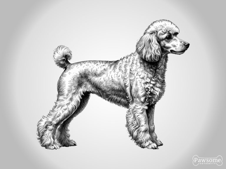 A grayscale standing side profile of a Miniature Poodle.