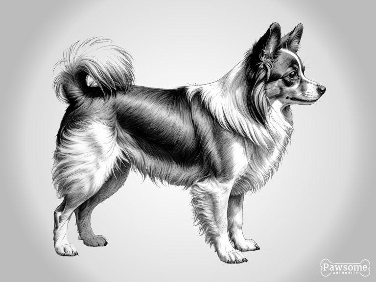 A grayscale standing side profile of a Papillon.