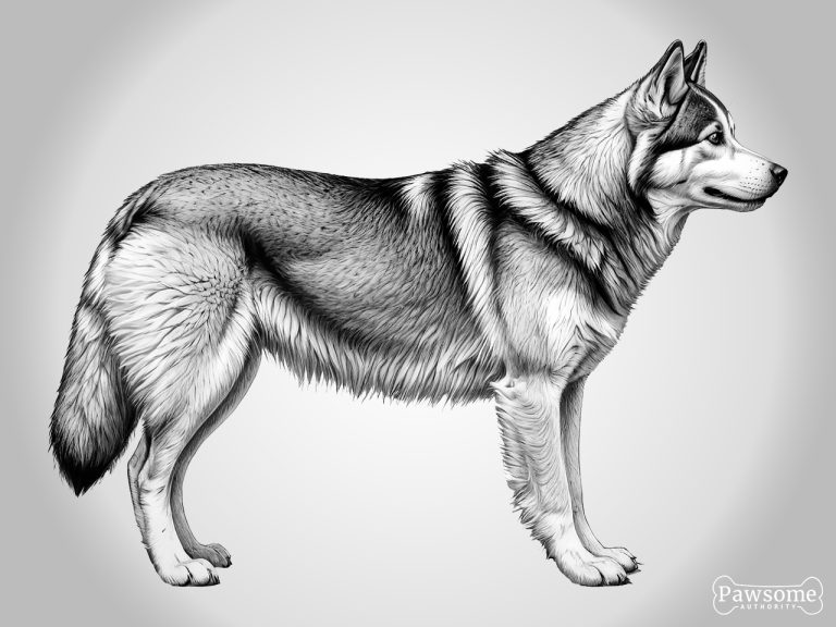 A grayscale standing side profile of a Siberian Husky.