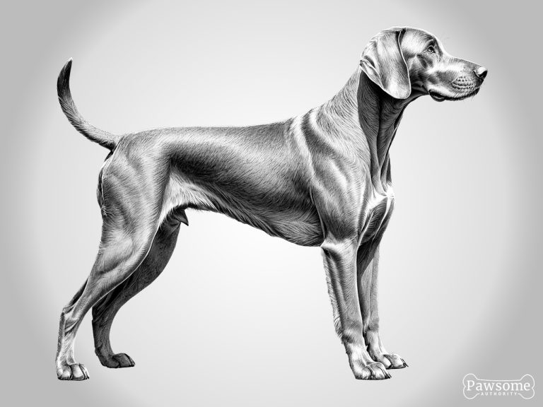 A grayscale standing side profile of a Weimaraner.