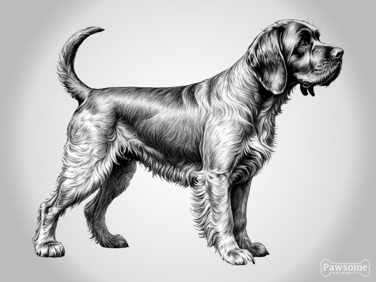 A grayscale standing side profile of a Wirehaired Pointing Griffon.