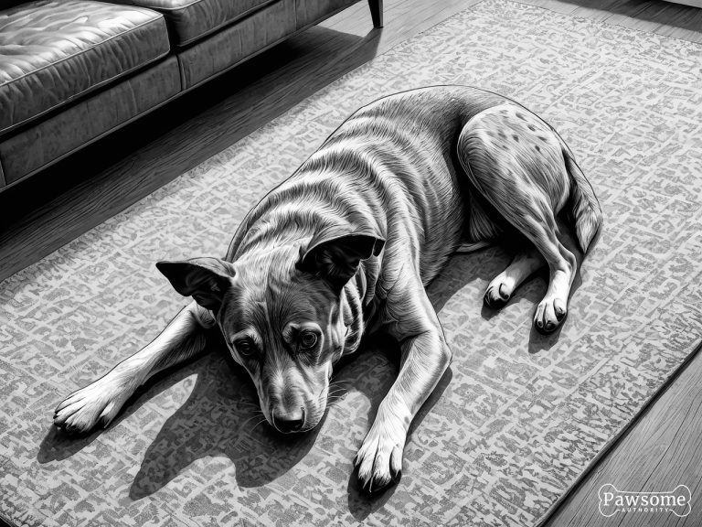 A grayscale illustration of a submissive Australian Cattle Dog lying on a rug in a living room looking up.