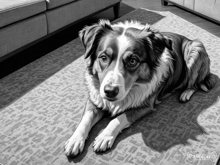 A grayscale illustration of a submissive Australian Shepherd lying on a rug in a living room looking up.