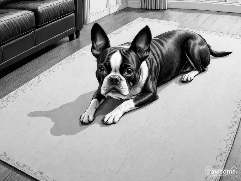 A grayscale illustration of a submissive Boston Terrier lying on a rug in a living room looking up.