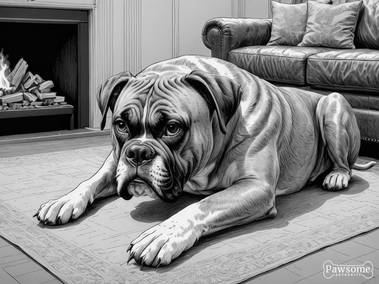A grayscale illustration of a submissive Boxer lying on a rug in a living room looking up.