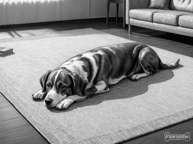 A grayscale illustration of a submissive Brittany lying on a rug in a living room looking up.