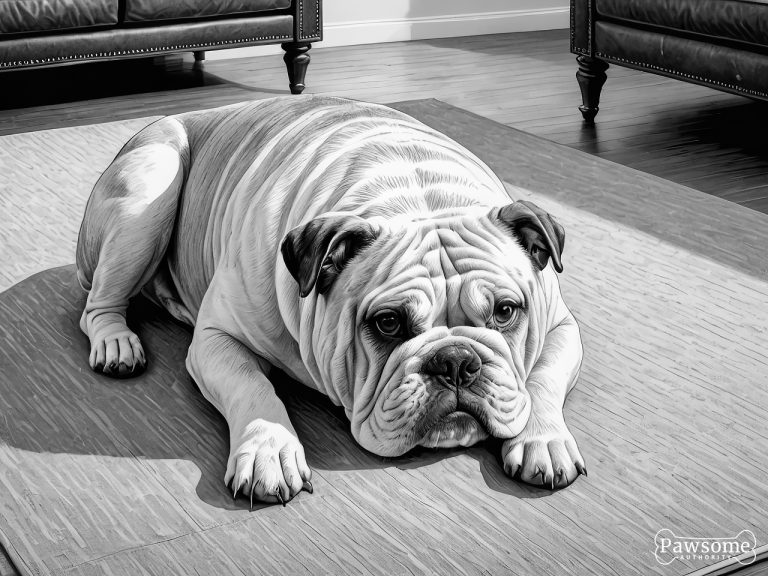 A grayscale illustration of a submissive Bulldog lying on a rug in a living room looking up.