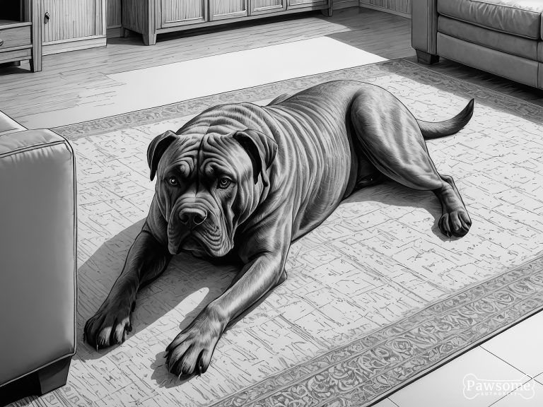 A grayscale illustration of a submissive Cane Corso lying on a rug in a living room looking up.