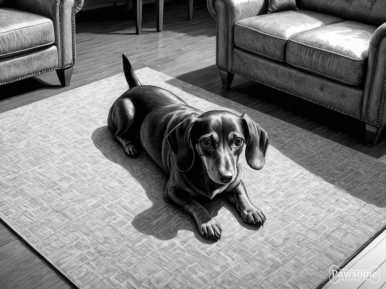 A grayscale illustration of a submissive Dachshund lying on a rug in a living room looking up.