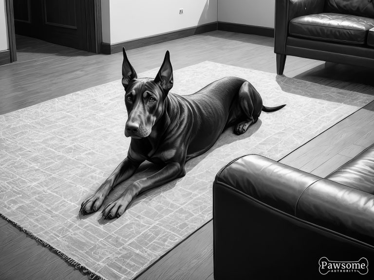 A grayscale illustration of a submissive Doberman Pinscher lying on a rug in a living room looking up.