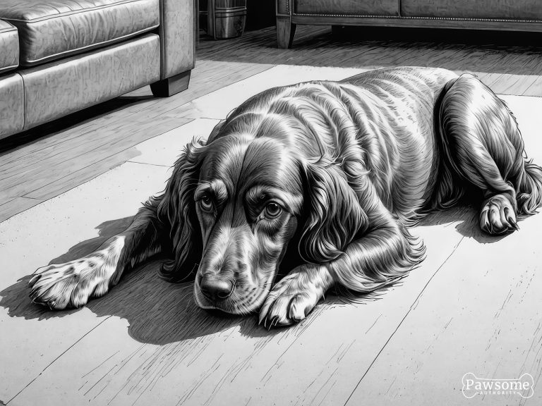 A grayscale illustration of a submissive English Cocker Spaniel lying on a rug in a living room looking up.
