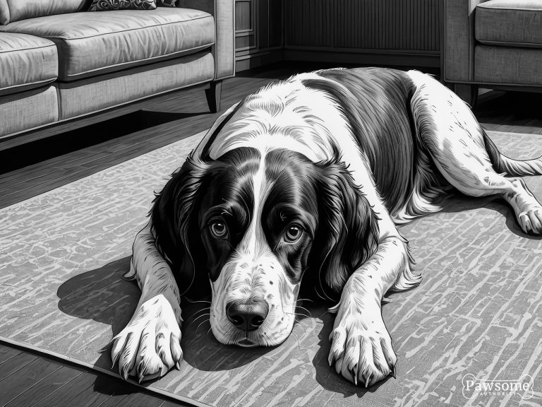 A grayscale illustration of a submissive English Springer Spaniel lying on a rug in a living room looking up.