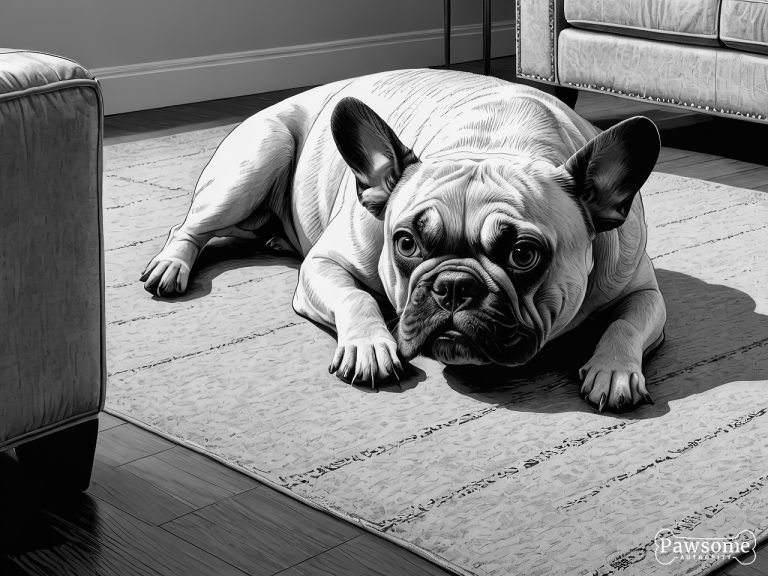 A grayscale illustration of a submissive French Bulldog lying on a rug in a living room looking up.