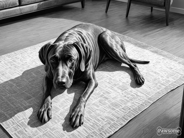 A grayscale illustration of a submissive German Shorthaired Pointer lying on a rug in a living room looking up.