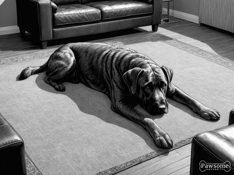 A grayscale illustration of a submissive Giant Schnauzer lying on a rug in a living room looking up.