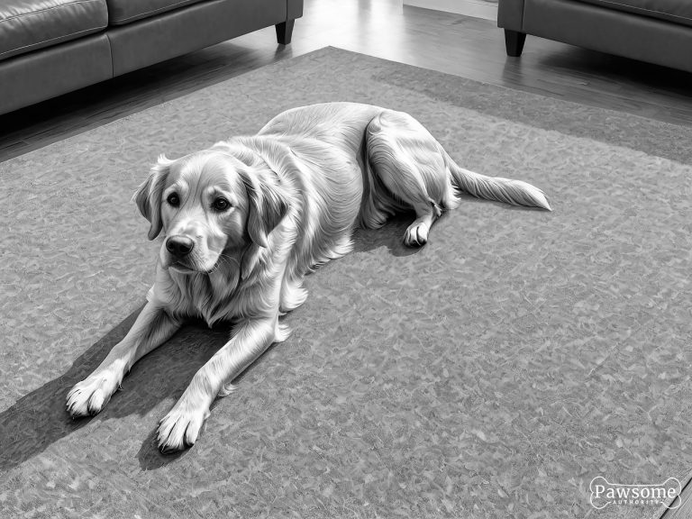 A grayscale illustration of a submissive Golden Retriever lying on a rug in a living room looking up.