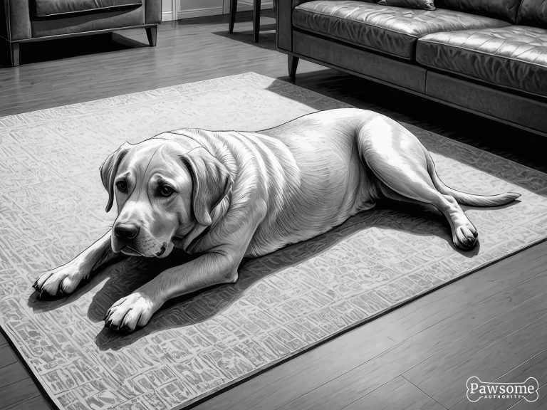 A grayscale illustration of a submissive Labrador Retriever lying on a rug in a living room looking up.