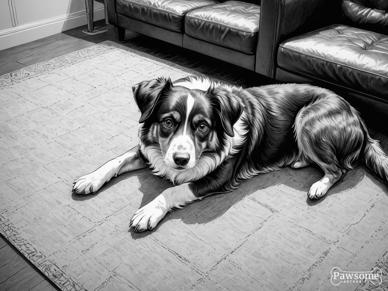 A grayscale illustration of a submissive Miniature American Shepherd lying on a rug in a living room looking up.