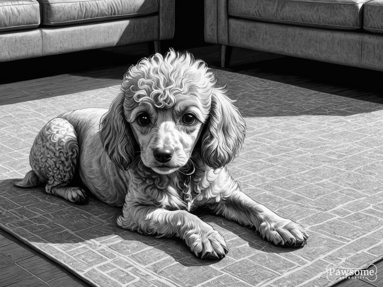 A grayscale illustration of a submissive Miniature Poodle lying on a rug in a living room looking up.