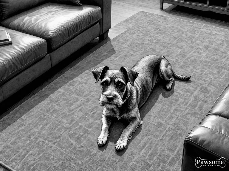A grayscale illustration of a submissive Miniature Schnauzer lying on a rug in a living room looking up.