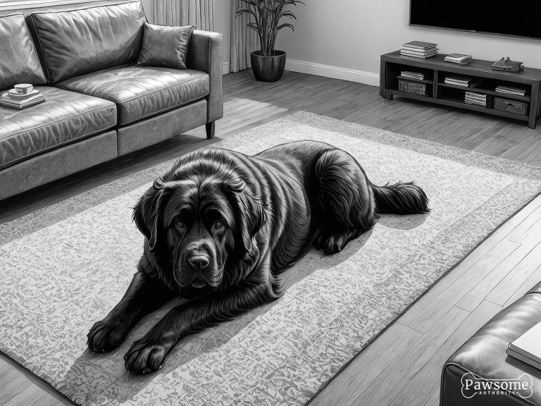A grayscale illustration of a submissive Newfoundland lying on a rug in a living room looking up.