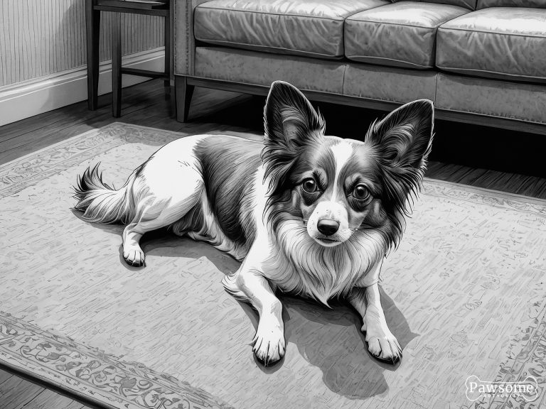 A grayscale illustration of a submissive Papillon lying on a rug in a living room looking up.