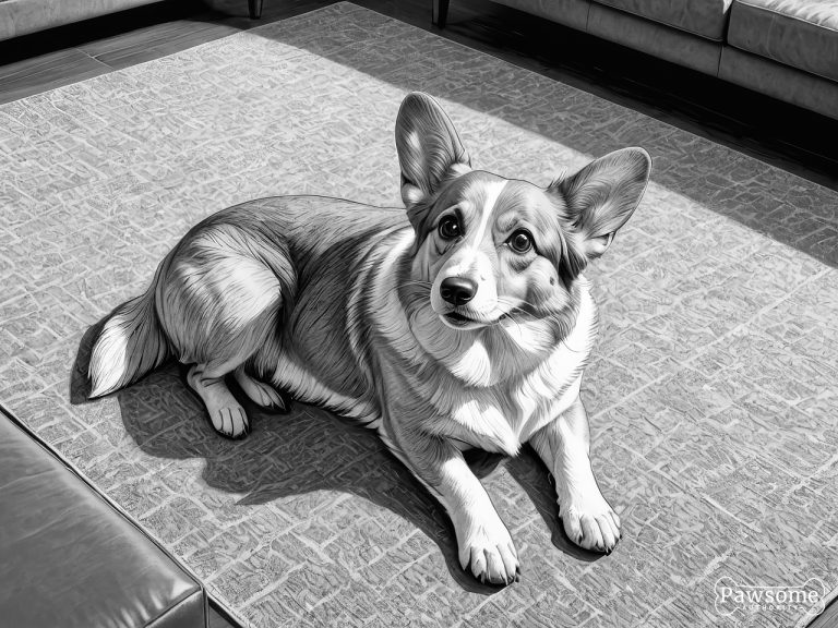 A grayscale illustration of a submissive Pembroke Welsh Corgi lying on a rug in a living room looking up.